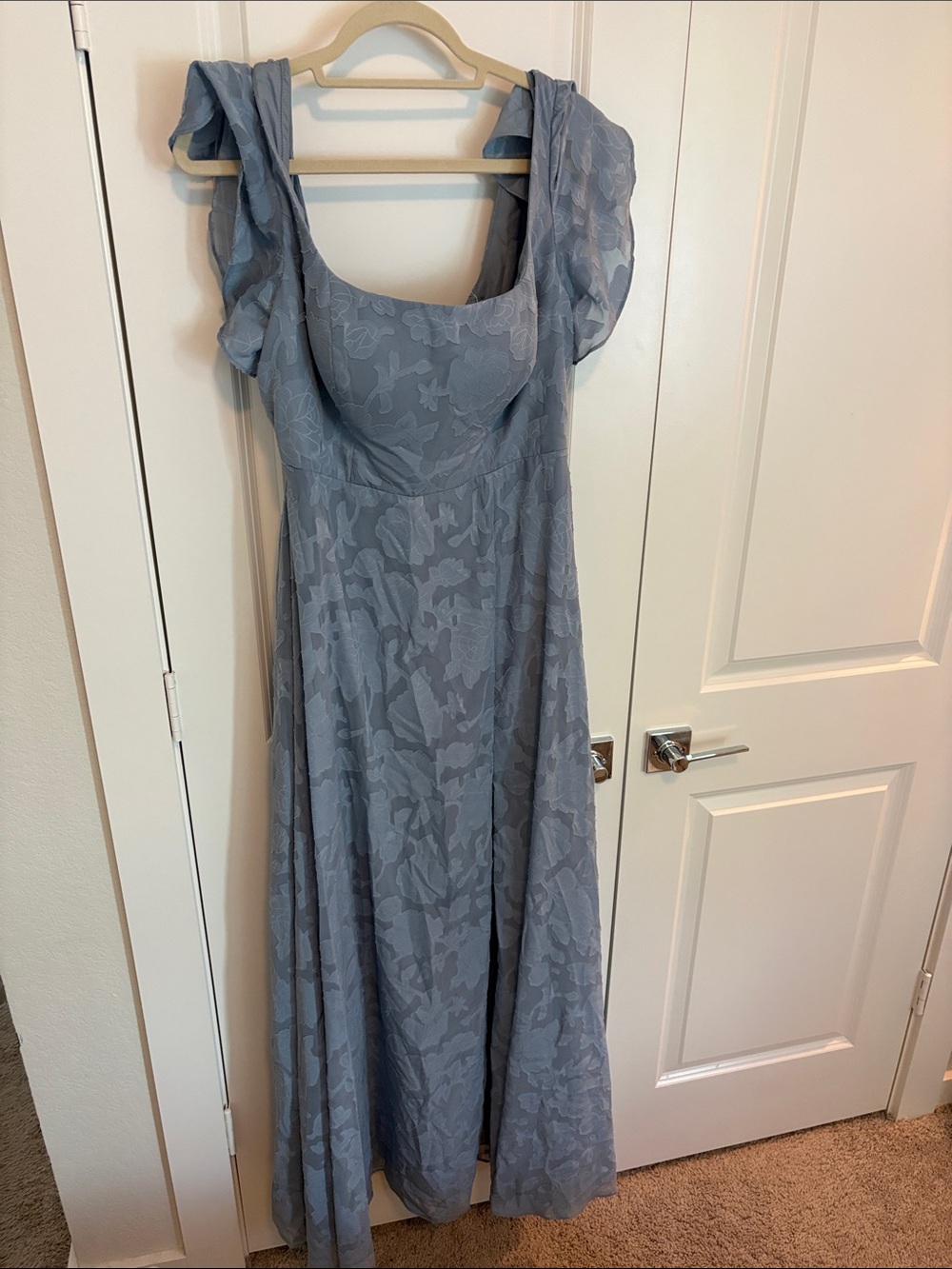 Azazie Dusty Blue Floral Jacquard Maxi Dress